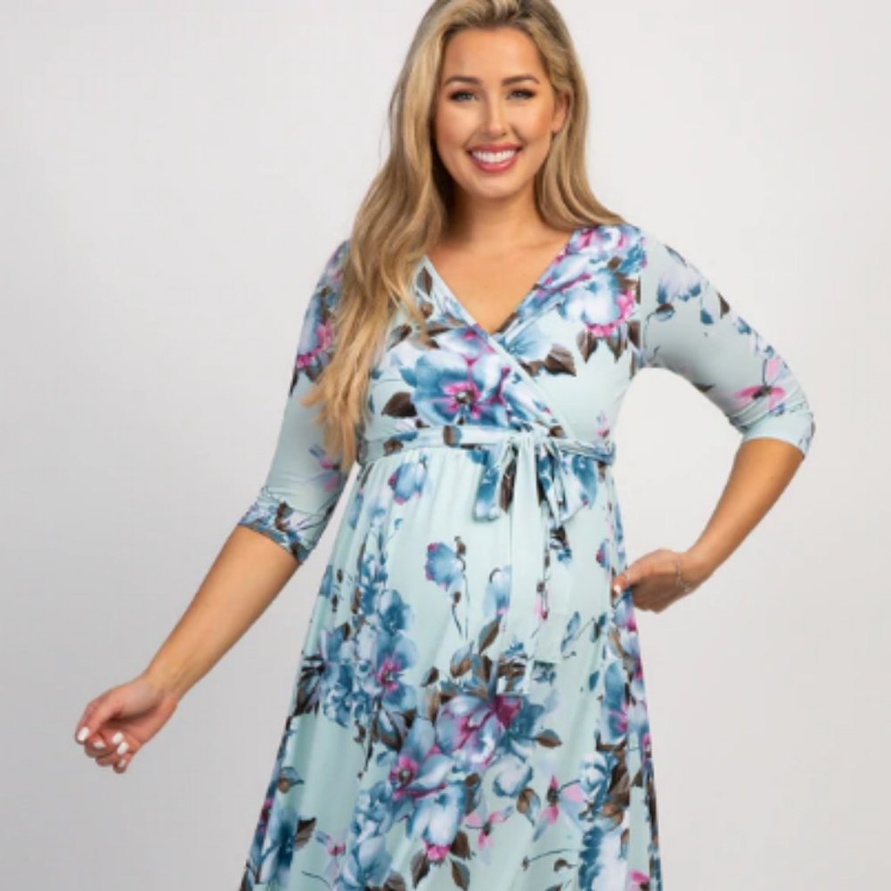 Mint Abstract Floral Sash Tie Maternity or Nursing Maxi Dress M